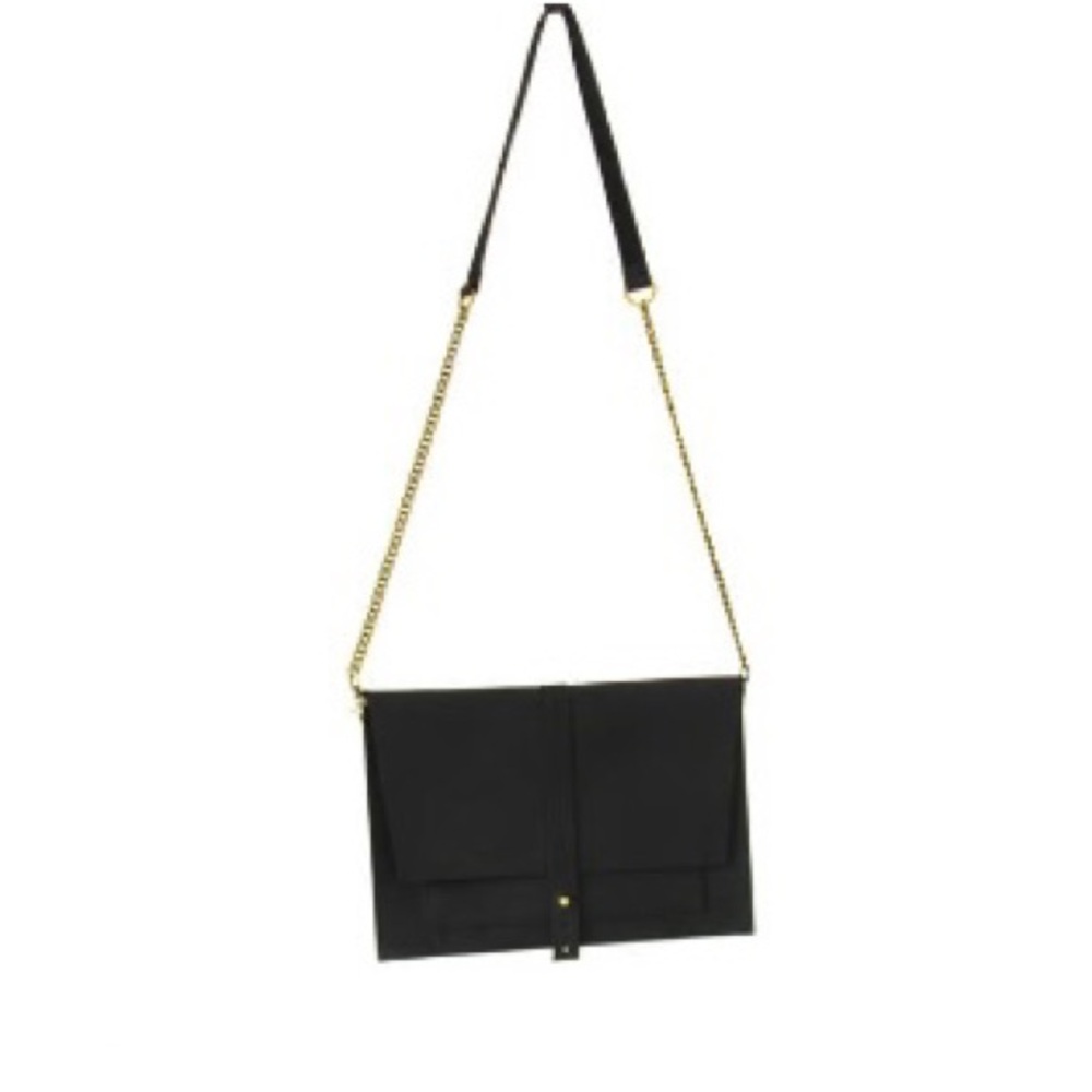 Black Genuine Leather Envelope Purse with Gold Chain